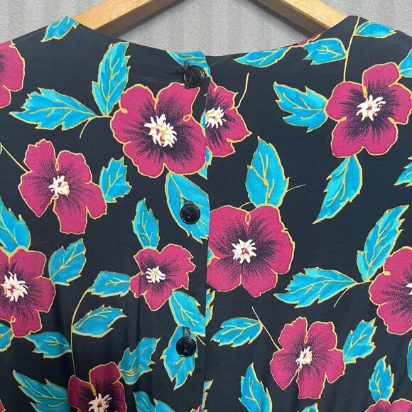 Vintage 80s Floral Peplum Dress Shirred Waist Button Back Size Medium Retro 40s - Picture 6 of 10